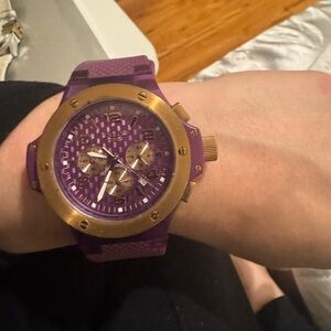 Mulco Purple Silicone Chronograph Style Watch Gold Tone Bezel Date Display